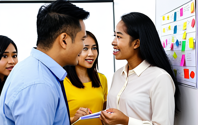 **A diverse team of Malaysian professionals collaborating in a modern office, brainstorming ideas on a whiteboard filled with colorful notes and diagrams. Focus on expressions of open communication, respect, and inclusivity.**